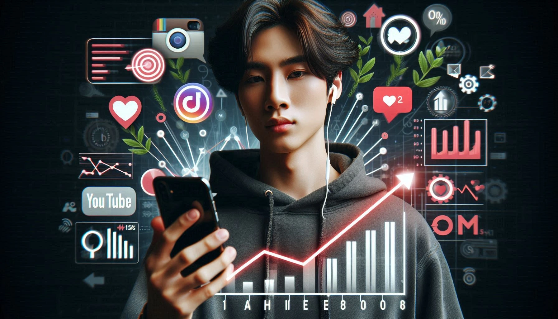 a man holding a phone and the graph are also included in this picture. and the number of social media app are their.