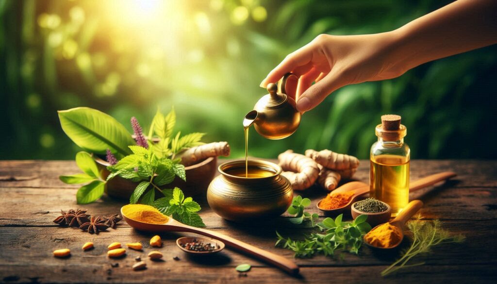 a person pouring liquid into a pot. and the Ayurvedic herbs are also in the image and the pot looks vintage