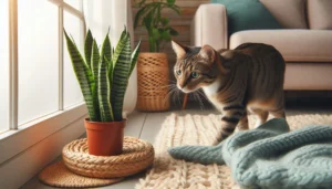 a cat standing on the floor near a potted snake plant