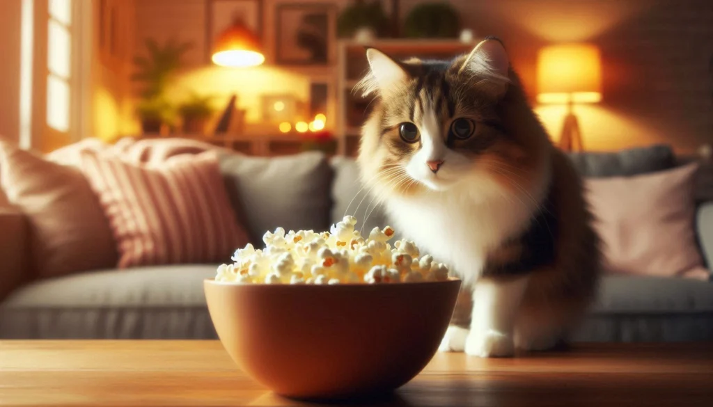 a cat sitting next to a bowl of popcorn. cats and popcorn.