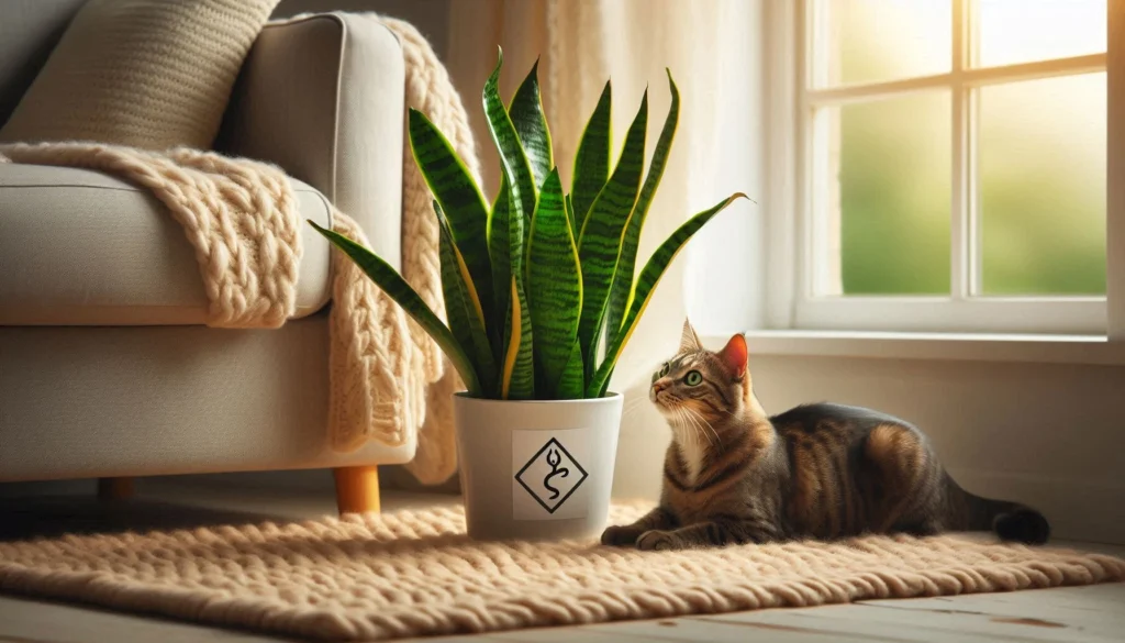 a cat lying on a rug next to a snake plant