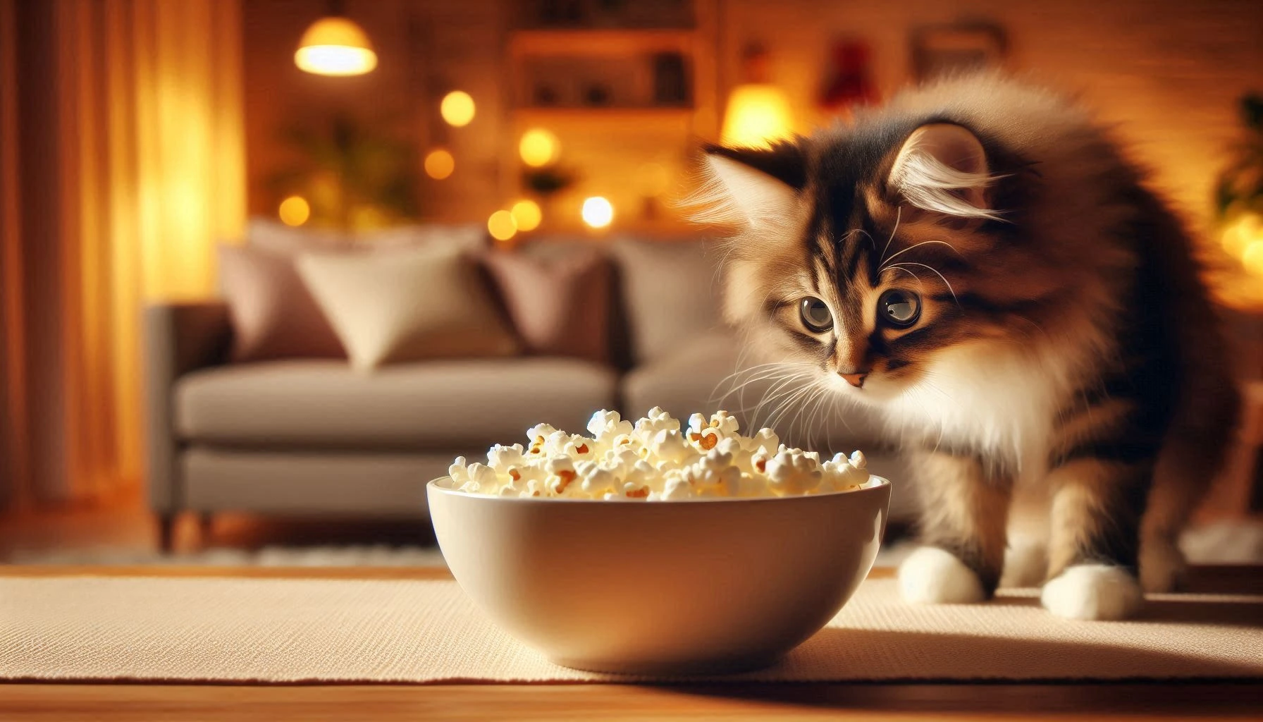 cat is standing next to popcorn bowl and seeing the popcorn.