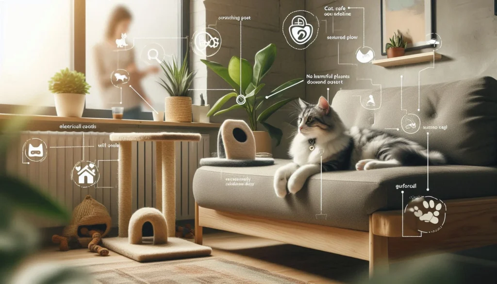 a cat lying on a couch.and the safety tips are written around the cat