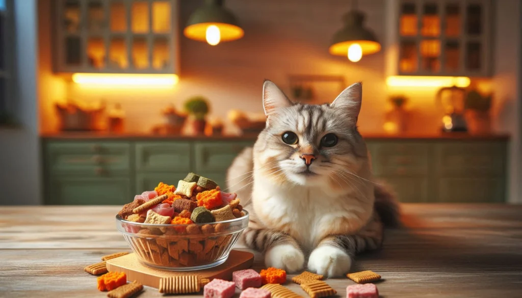 a cat sitting next to a bowl of cereal