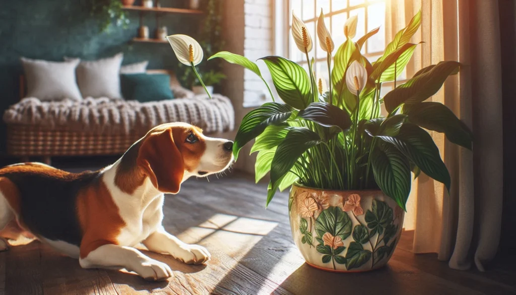 dog sit in the room on the side of peace lily plant pot