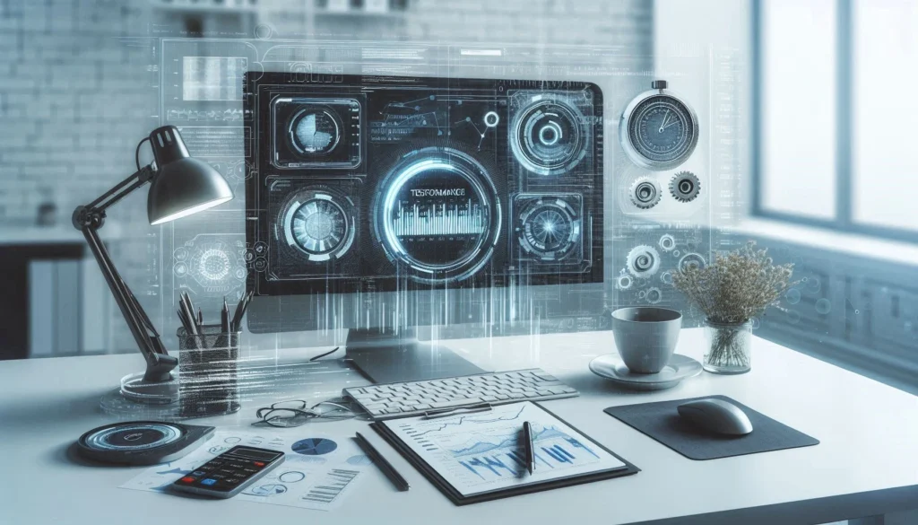 a computer with a screen and a cup of coffee