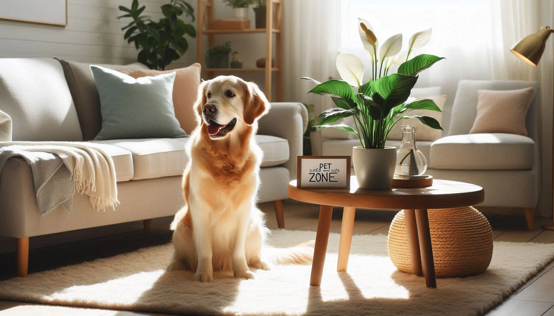 dog sit in the room where the plant port on the table.