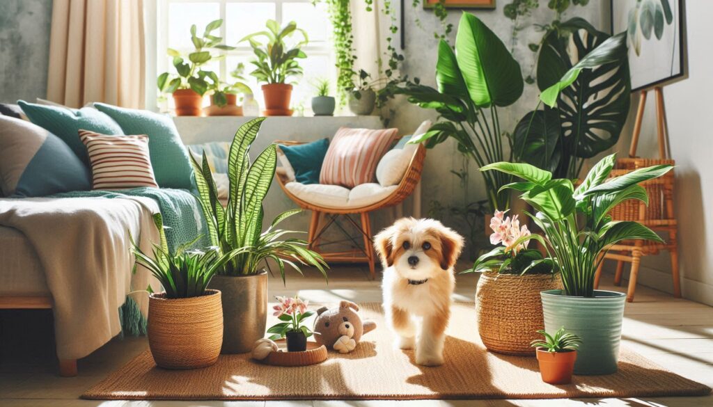 number of different plant are arounf the small dog