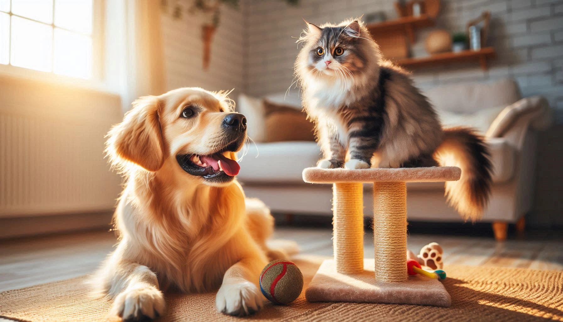 dog and cat both are siting In the room on the table