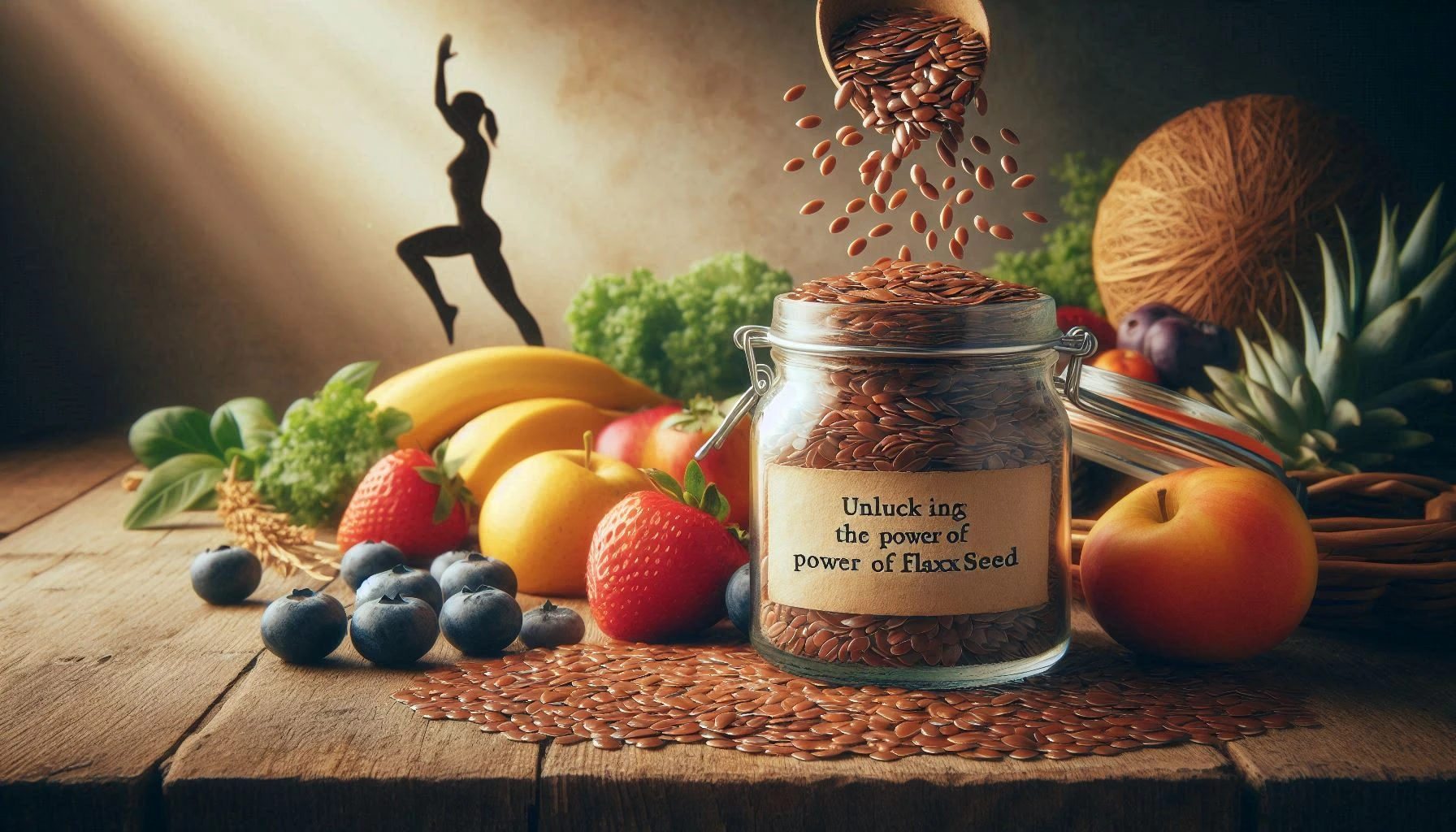 a glass jar with flaxseed spilling out of it. and the number of different fruits are around the jar.