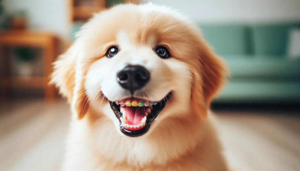 a dog with its mouth open and the brace on the teeth