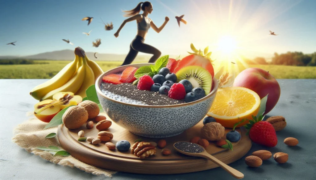 a bowl of fruit and nuts on a plate and the sun is rising