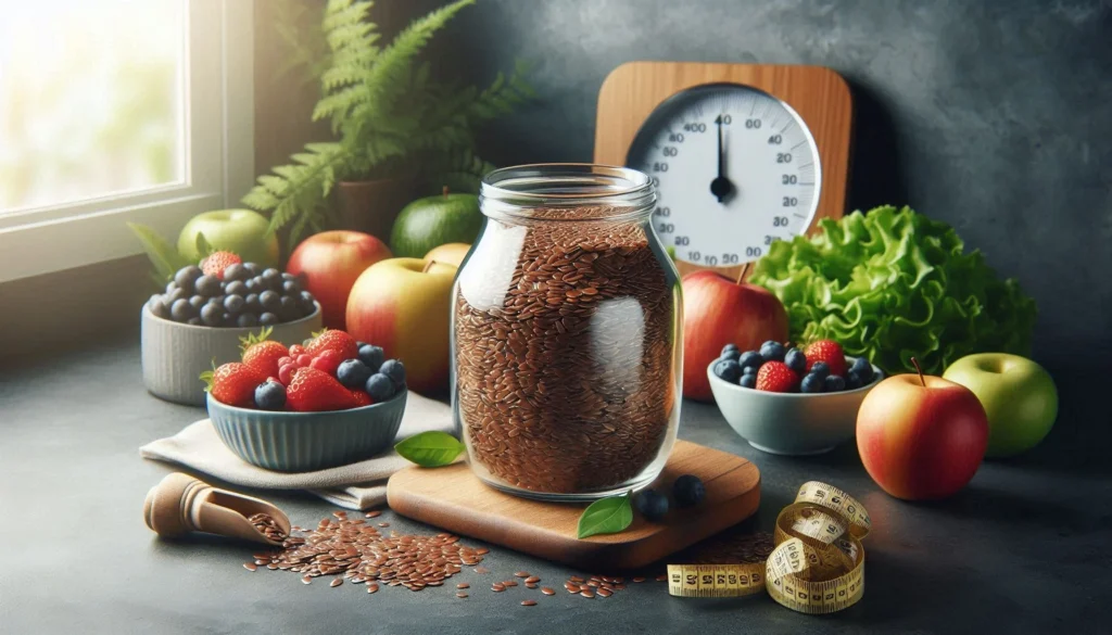 a jar of brown flaxseeds on a cutting board with fruits and vegetables