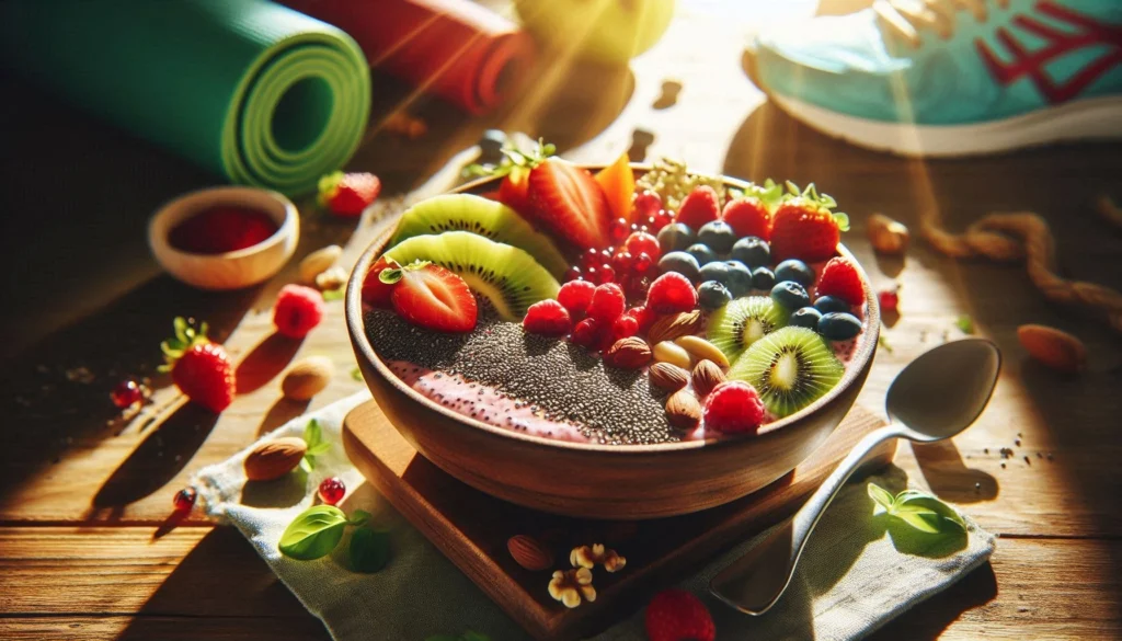 a bowl of fruit and nuts and chia seeds