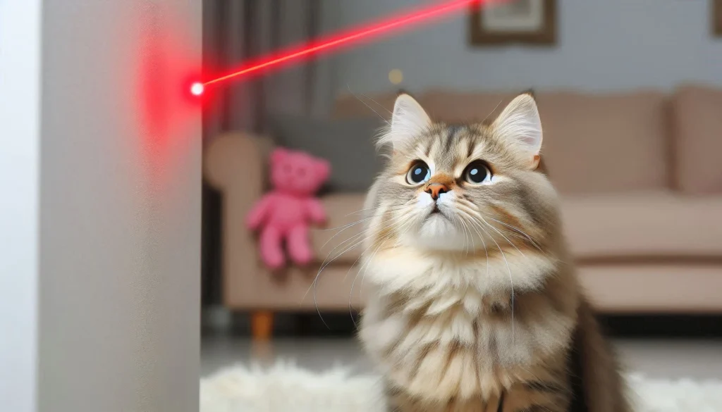 laser pointer is on the wall and the cat sit in front of it.