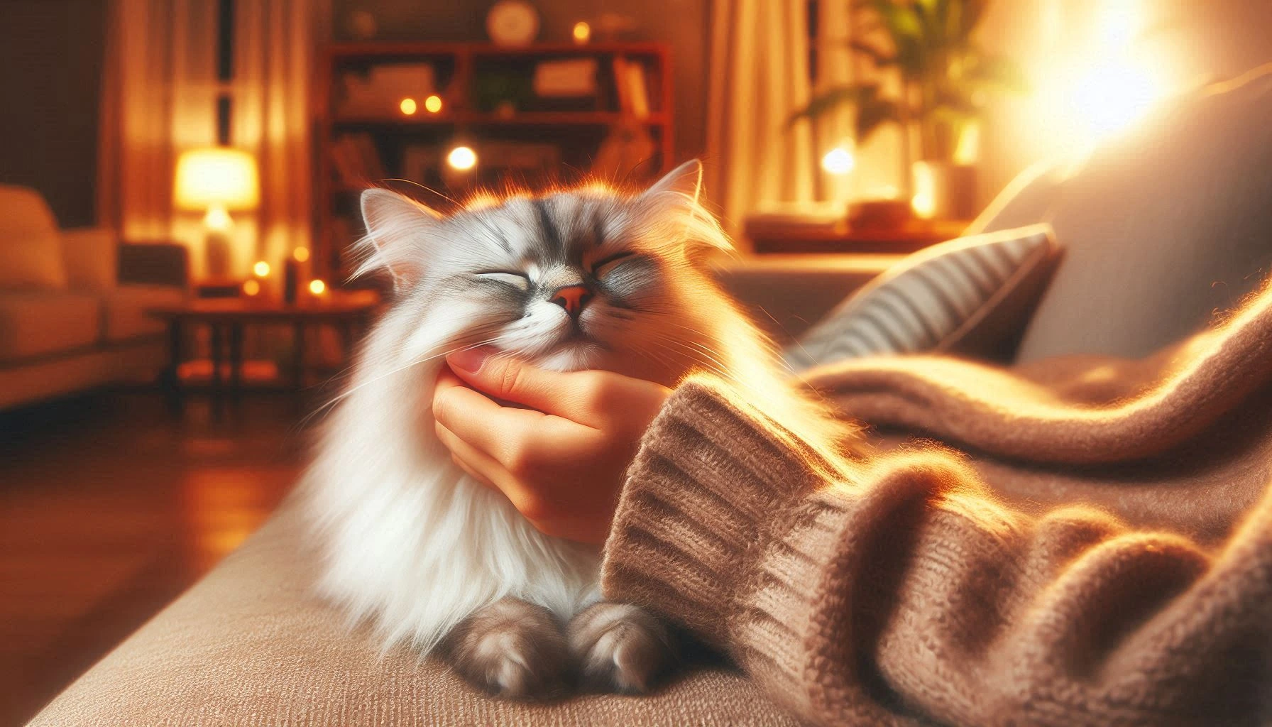 cat smile in the hand and sitting on the sofa