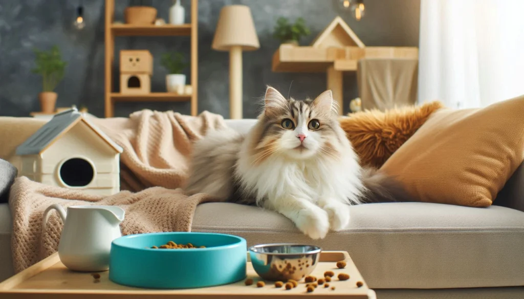 cat sitting on the sofa where the bowl of food is on the table