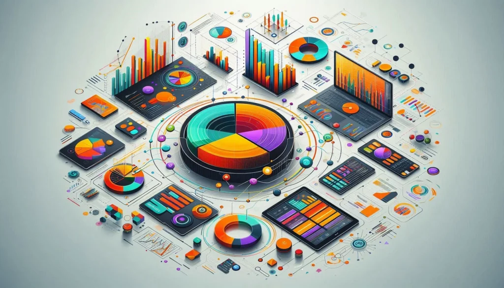 marketing and digital analytics factors pie cahrt, graphs, bar chartare in this image