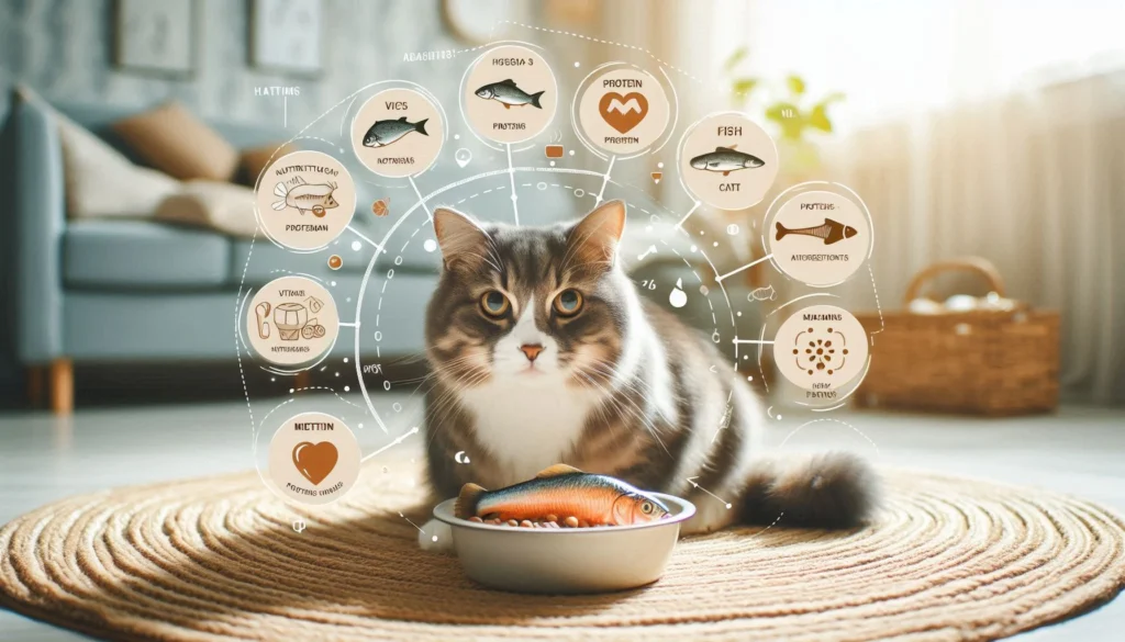 cat sitting in front of the feed bowl filled with fish.