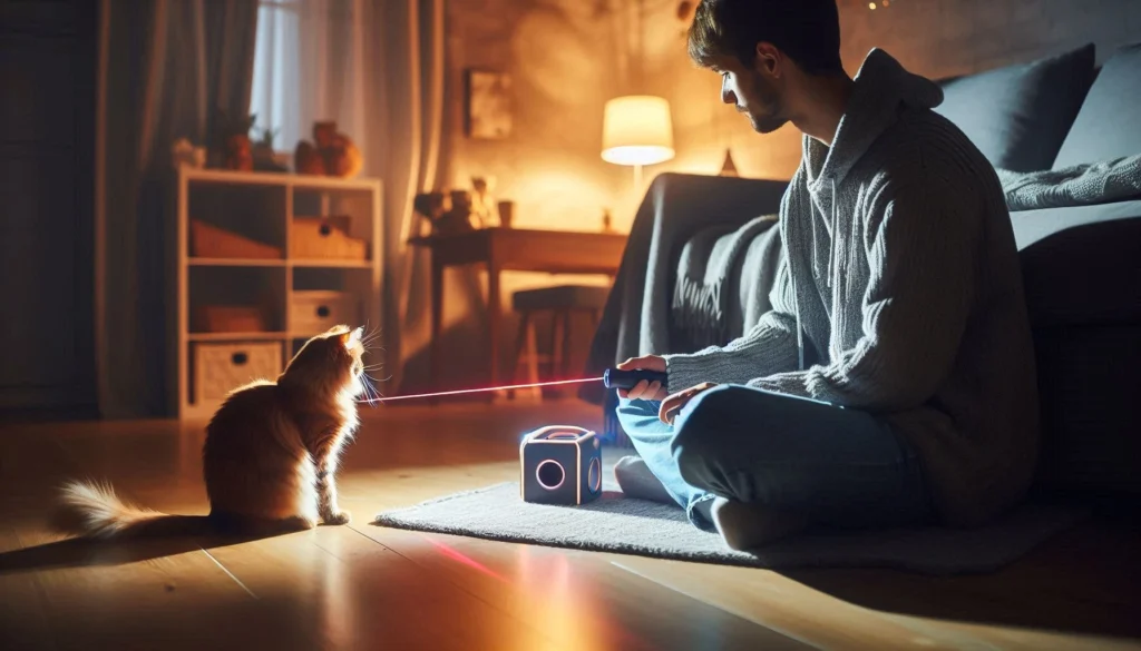 a man and cat playing with laser