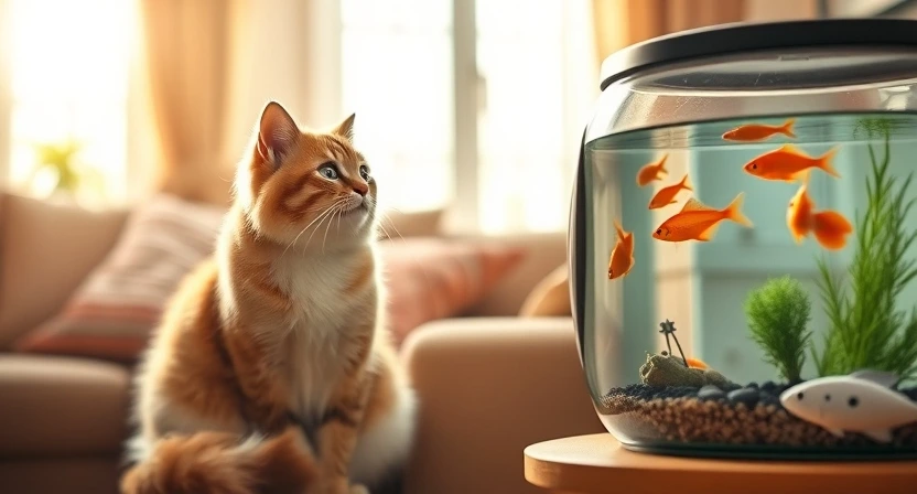 cat seeing the aquarium filled with fishes.