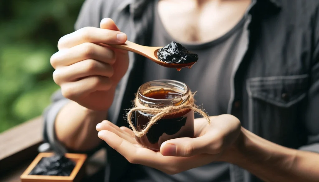 a women hold spoon of Shilajit in her hand