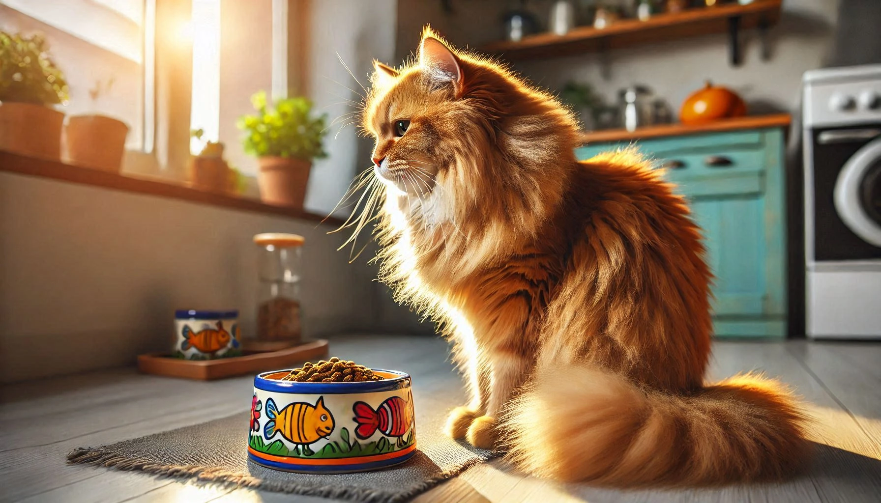 cat is sitting in front of food bowl