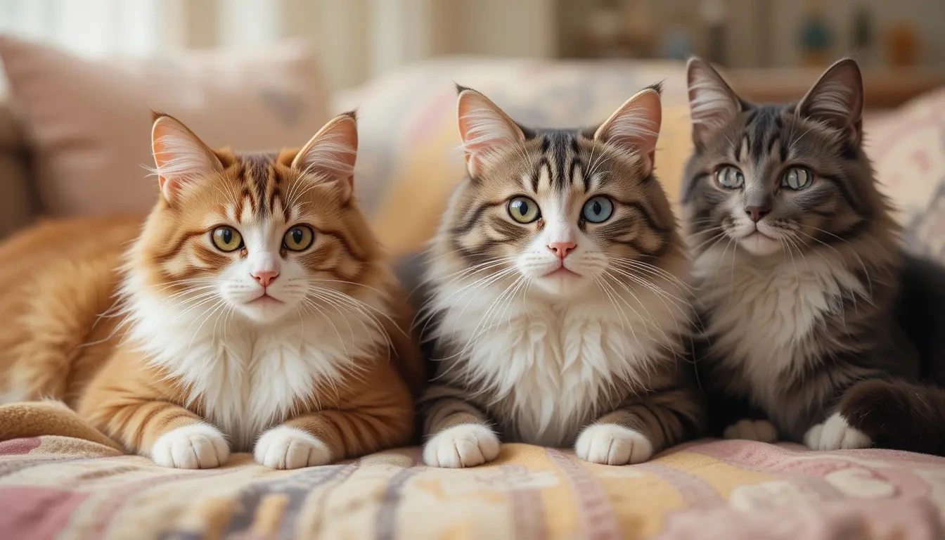 Three cats are sitting on the sofa.