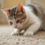 cat is scratching carpet with nails.