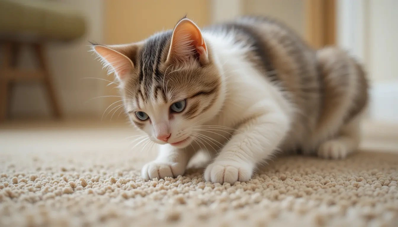 cat is scratching carpet with nails.