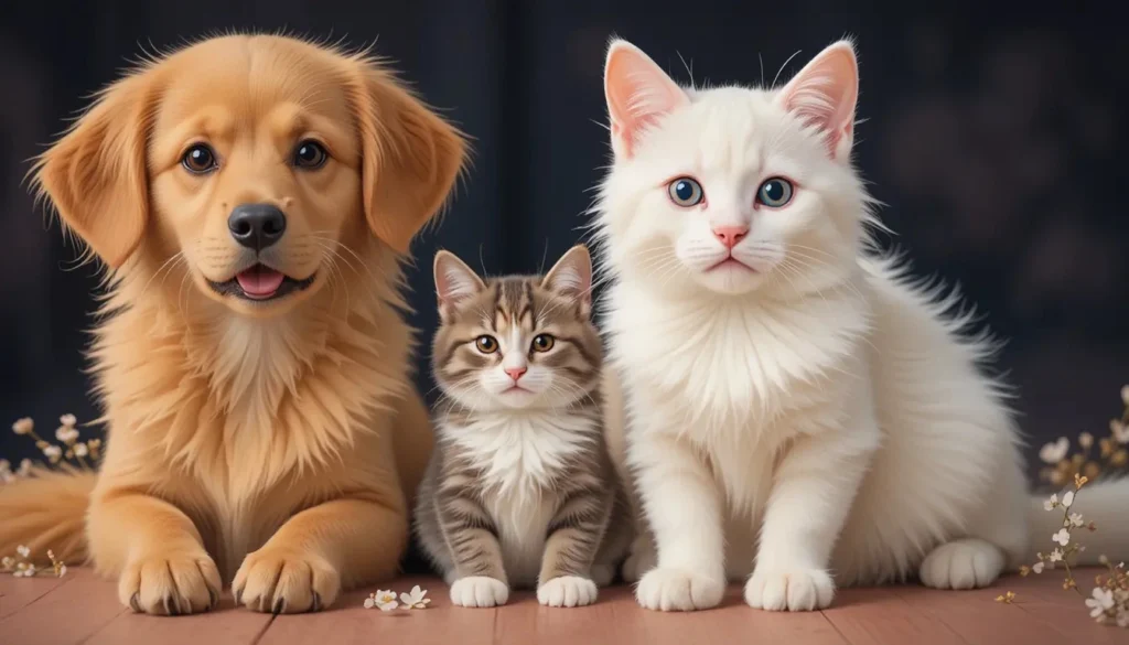 dog and cats are in a one frame